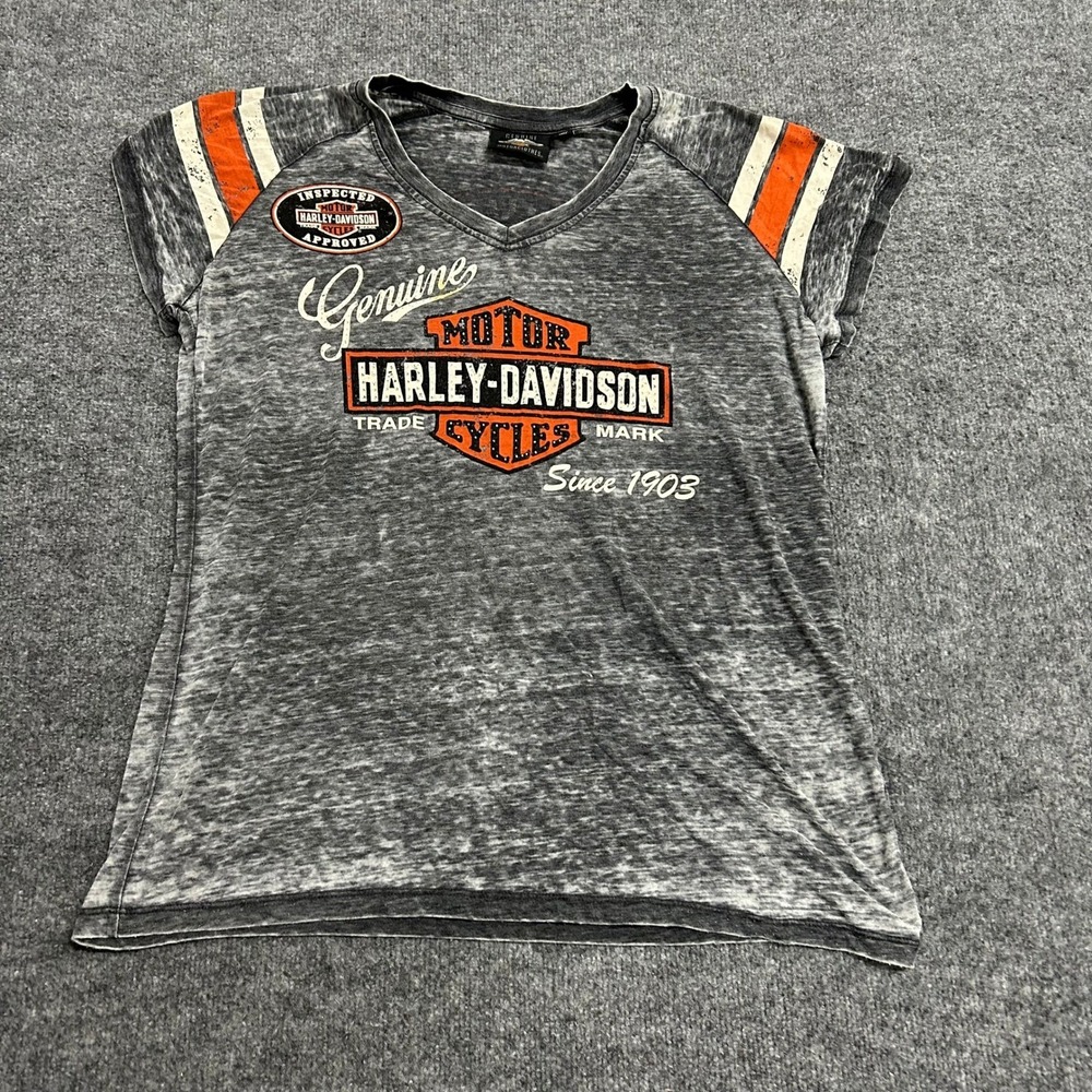 Harley-Davidson T-Shirt Womens Size 1W Grey Acid Wash V-Neck Graphic Biker Tee